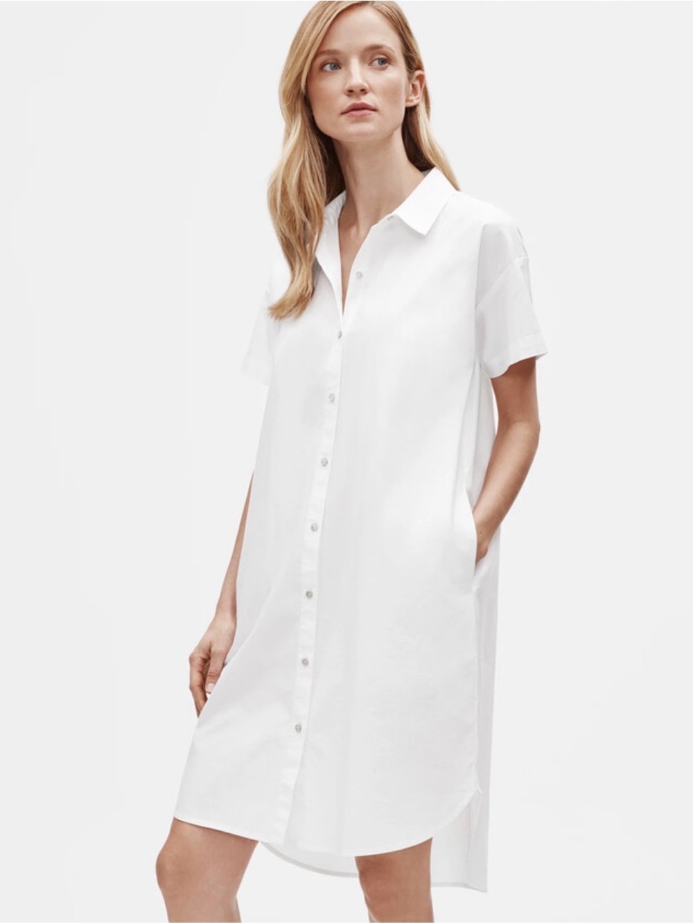 EILEEN FISHER White Organic Cotton POPLIN Classic Collar Style SHIRT DRESS PS